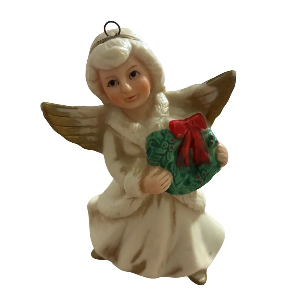 Vintage HOMCO Porcelain Angel Trio Christmas Ornaments 1960’s Ivory & Gold